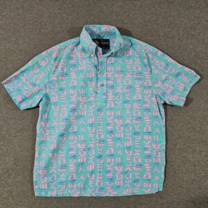 The Nutter Mens Popover Shirt Medium Teal Pink Abstract Geometric Print USA Made
